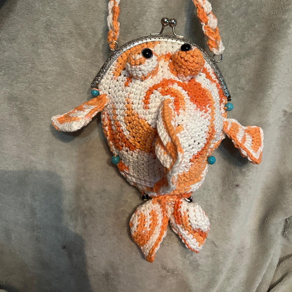 Playful Orange and White Kids Crochet Coin Purse